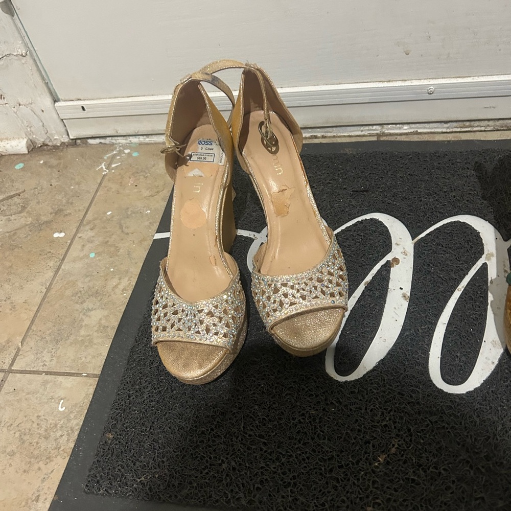 Gold Heels with Ankle Strap and Intricate Design